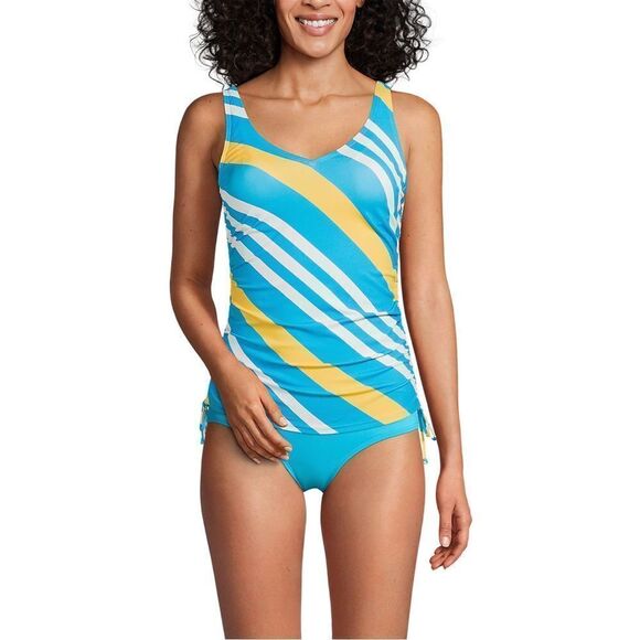 Land's End Tankini Adjustable sides straps underwire Turquoise Awning Stripe 14 - Picture 3 of 6